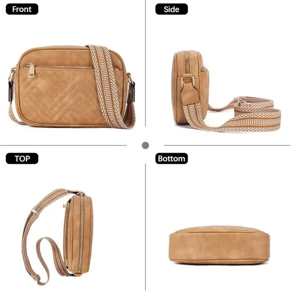 Women Camel Brown Imported Vegan Leather Quilted Shoulder Crossbody Handbags - Picture 6 of 6